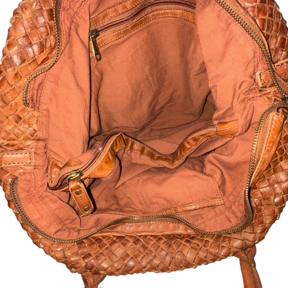 Fossil Woven Brown Leather Tote Bag with Strap Boho Artisan Satchel - Picture 9 of 14